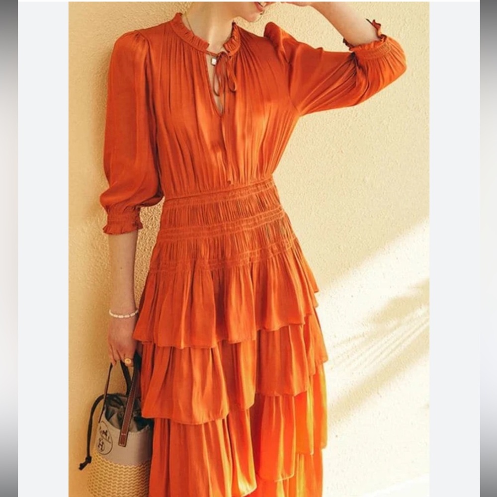 Maje Orange Tiered Sundress with Mandarin Collar